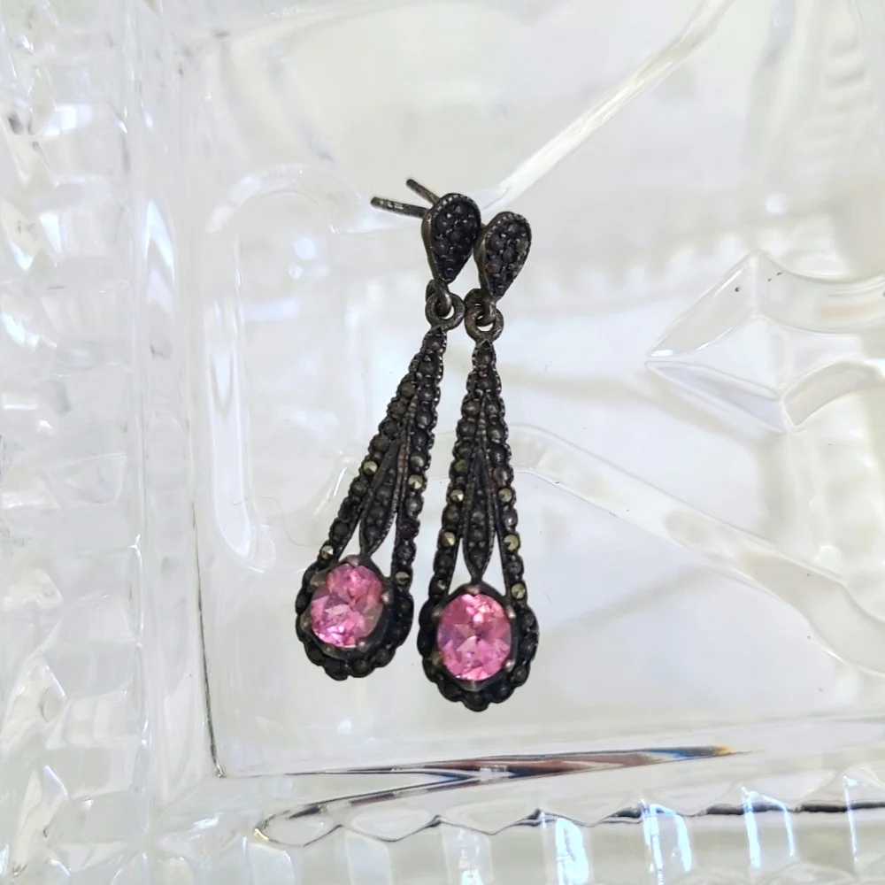 Pink crystal Inlaid Dangle Drop Earrings - Picture 2 of 4